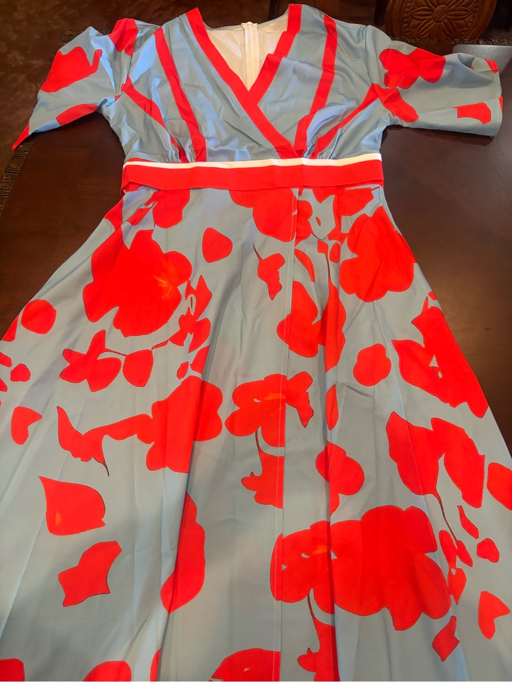 Light Blue Maxi Dress with Bold Red Floral Print - Women's Wrap Style